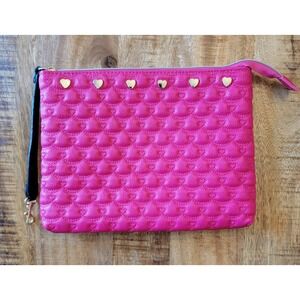 Betsey Johnson Kitsch Quilted Hot Pink Pouch Clutch Wrislet Gold‎ Hearts